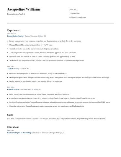 Reconciliation Analyst Resume