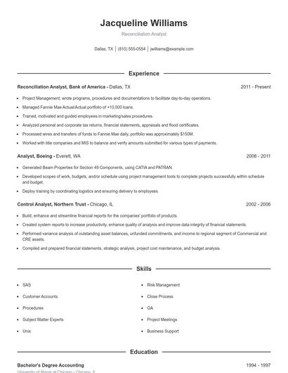 Reconciliation Analyst Resume