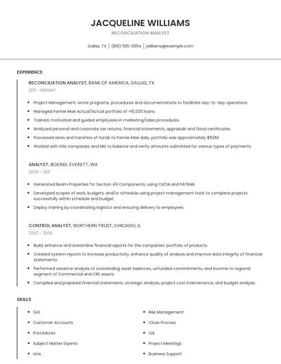 Reconciliation Analyst Resume