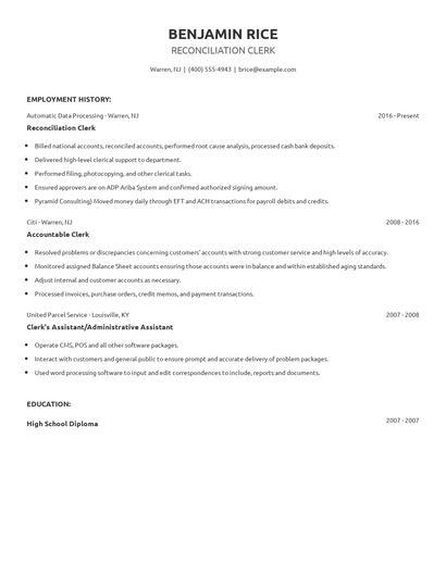 Reconciliation Clerk Resume