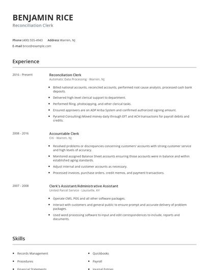 Reconciliation Clerk Resume