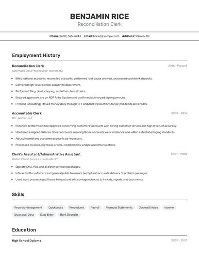 Reconciliation Clerk Resume
