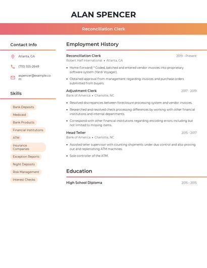 Reconciliation Clerk Resume