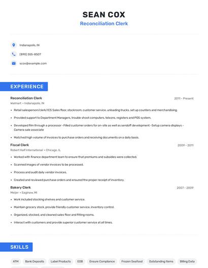Reconciliation Clerk Resume