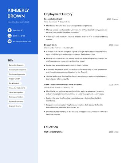 Reconciliation Clerk Resume