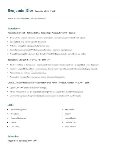 Reconciliation Clerk Resume
