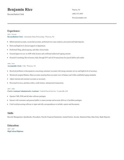 Reconciliation Clerk Resume
