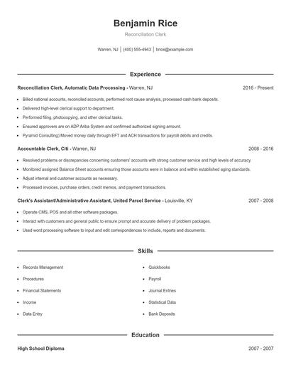 Reconciliation Clerk Resume