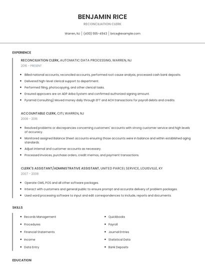 Reconciliation Clerk Resume