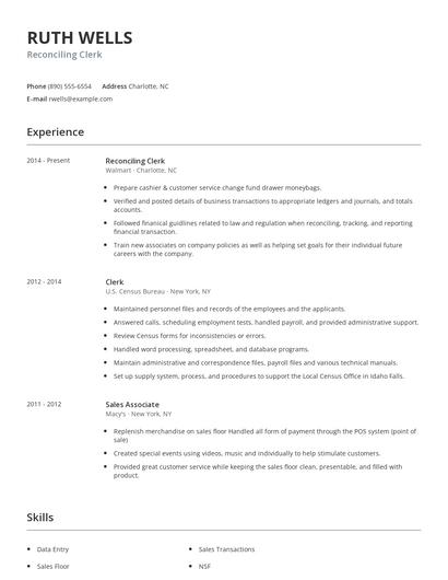 Reconciling Clerk Resume