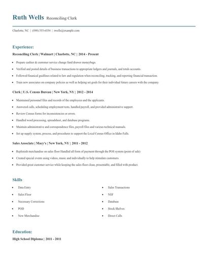 Reconciling Clerk Resume