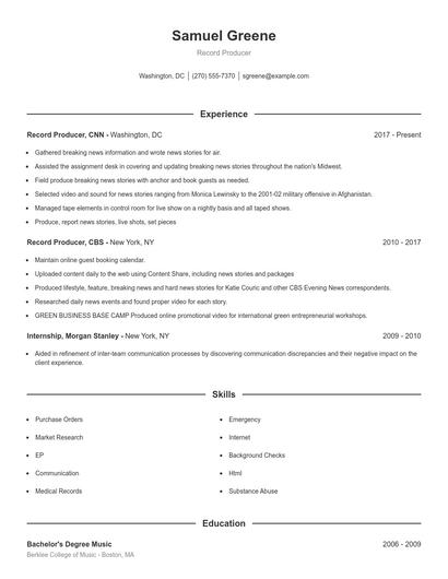 Record Producer Resume