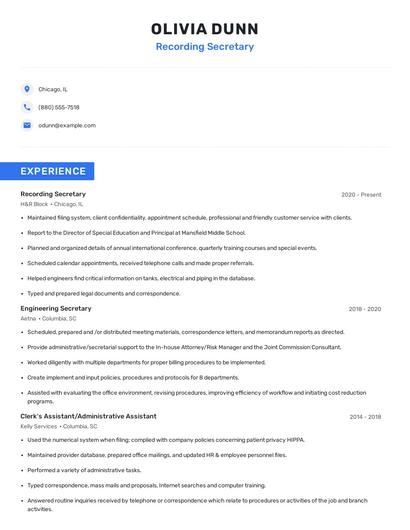 Recording Secretary Resume