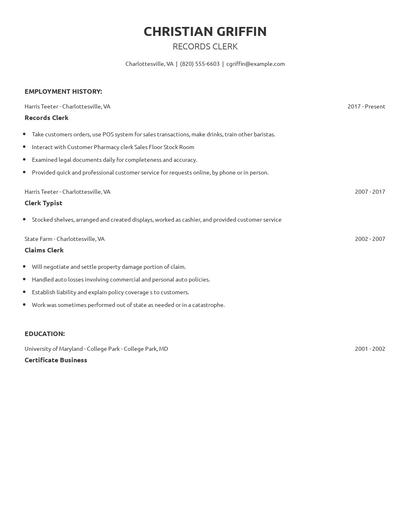 Records Clerk Resume