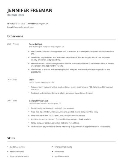 Records Clerk Resume