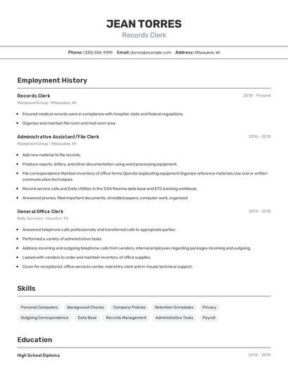 Records Clerk Resume