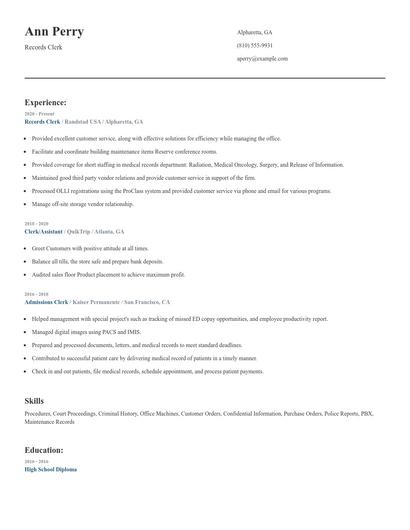 Records Clerk Resume