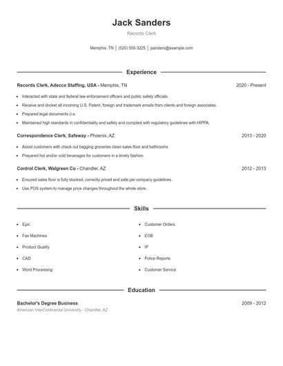 Records Clerk Resume