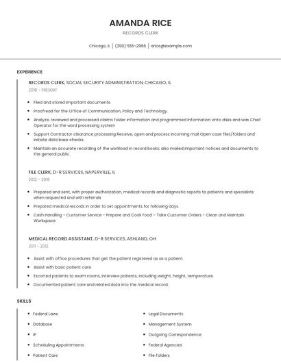 Records Clerk Resume