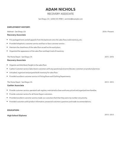 Recovery Associate Resume