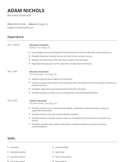 Recovery Associate Resume
