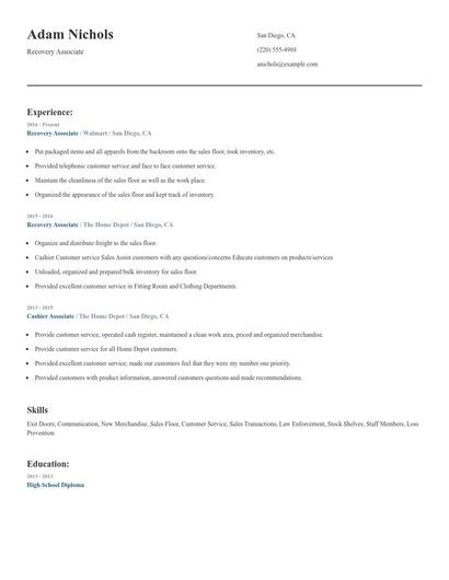 Recovery Associate Resume