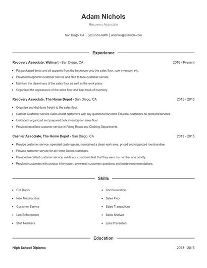 Recovery Associate Resume