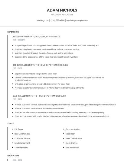 Recovery Associate Resume