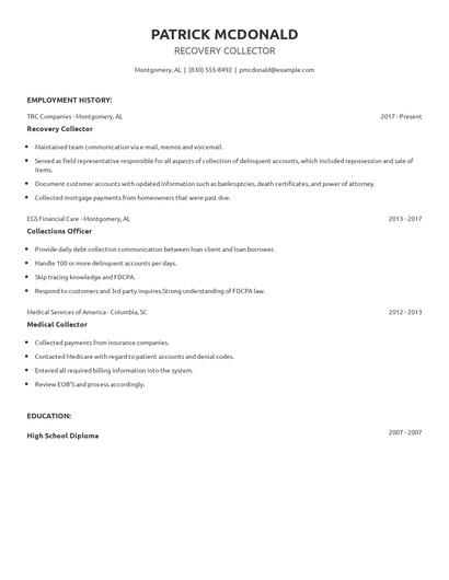 Recovery Collector Resume