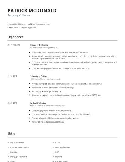 Recovery Collector Resume