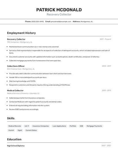 Recovery Collector Resume