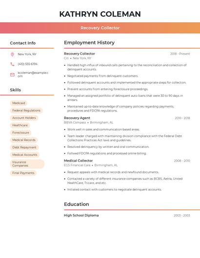 Recovery Collector Resume