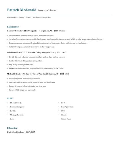 Recovery Collector Resume