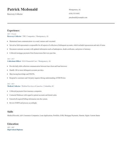 Recovery Collector Resume