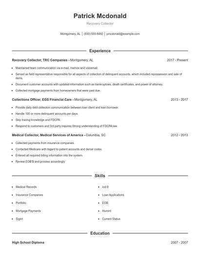Recovery Collector Resume