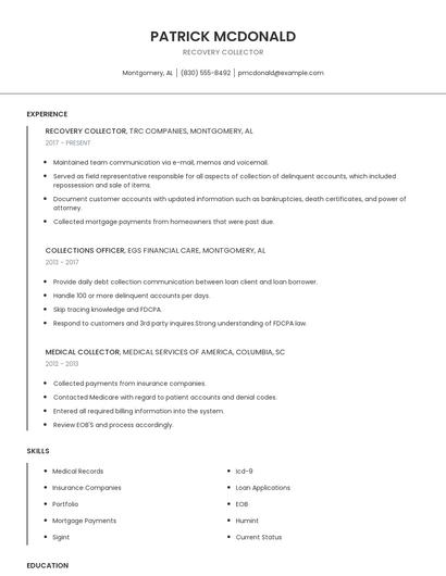 Recovery Collector Resume