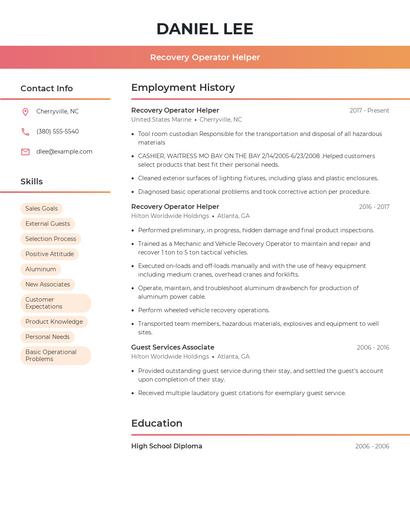 Recovery Operator Helper Resume