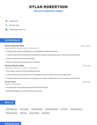 Recovery Operator Helper Resume