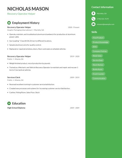 Recovery Operator Helper Resume