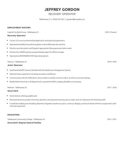 Recovery Operator Resume