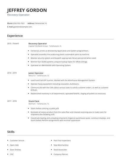 Recovery Operator Resume