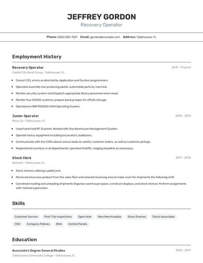 Recovery Operator Resume