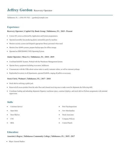 Recovery Operator Resume