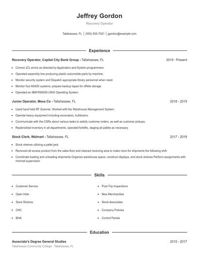 Recovery Operator Resume