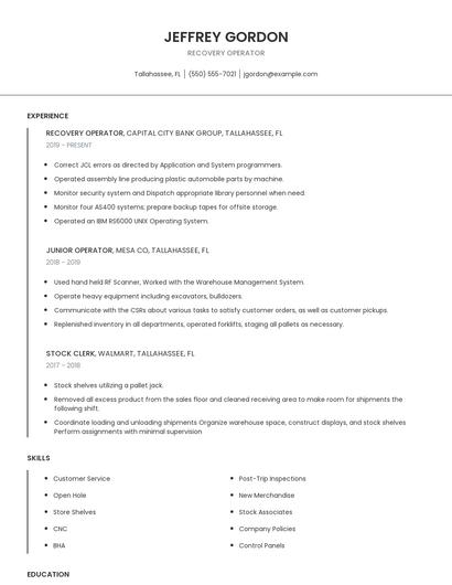 Recovery Operator Resume