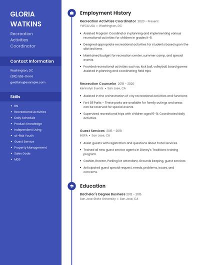 Recreation Activities Coordinator Resume