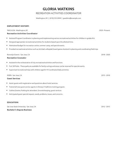 Recreation Activities Coordinator Resume