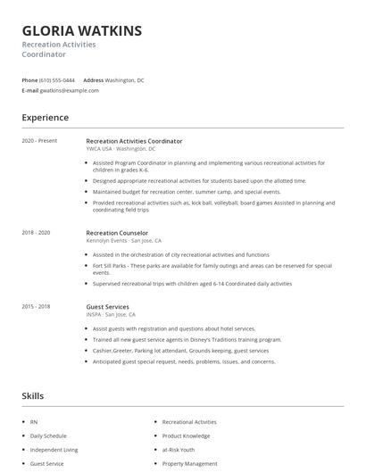 Recreation Activities Coordinator Resume