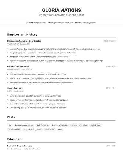 Recreation Activities Coordinator Resume