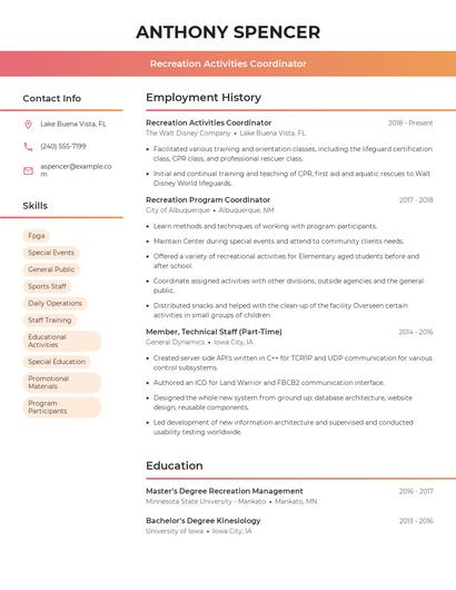 Recreation Activities Coordinator Resume